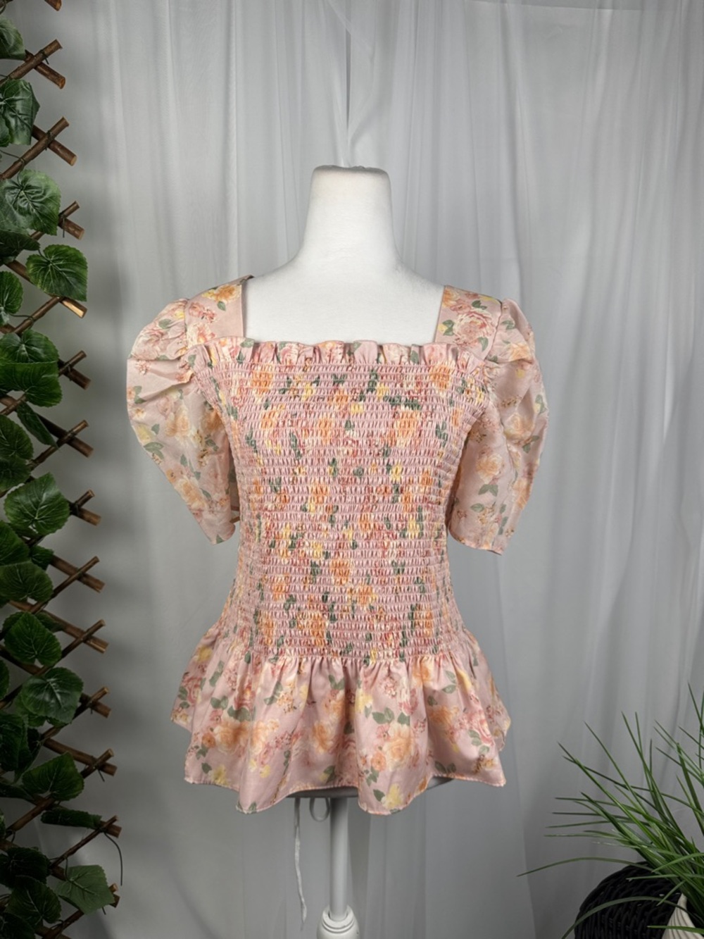 Rachel Parcell Pink Floral Smocked Peplum Blouse